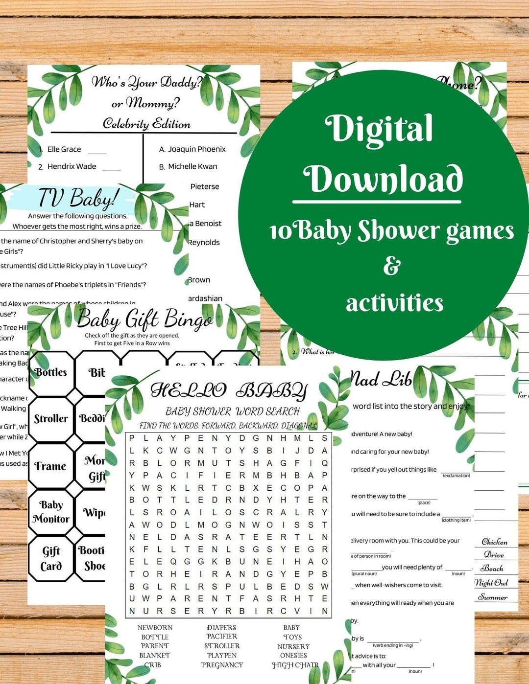 Baby Shower Game Bundle Greenery Style Baby Shower Games Etsy