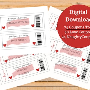Love Coupons - 74 Total Coupons - 50 Love Coupons and 24 Naughty Coupons - Printable - Digital Download