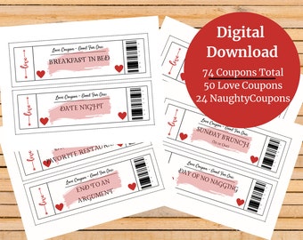 Love Coupons - 74 Total Coupons - 50 Love Coupons and 24 Naughty Coupons - Printable - Digital Download