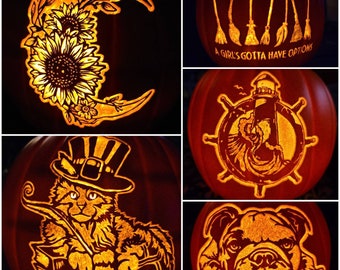 Carved 9" Foam Pumpkin, Sunflower Moon, English Bulldog, Nautical Lighthouse, Cat in Hat on Books, Witch's Brooms, Halloween