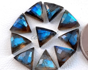 Pode incluir: Dez pedras preciosas de labradorita triangulares com tons azuis e marrons iridescentes. As pedras preciosas estão dispostas em círculo e medem aproximadamente 1 cm.