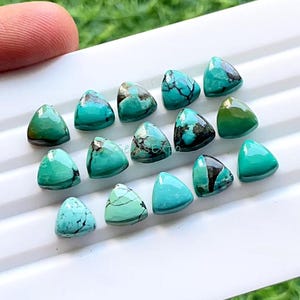 May include: A collection of triangular turquoise gemstones, each displaying unique patterns of teal and black. The polished stones are arranged on a white surface, showcasing their vibrant color and natural variations. The gemstones are ready for jewelry making.