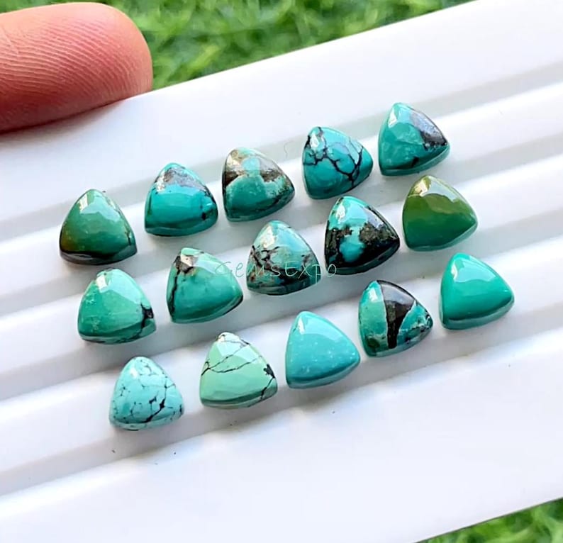 May include: A collection of triangular turquoise gemstones, each displaying unique patterns of teal and black. The polished stones are arranged on a white surface, showcasing their vibrant color and natural variations. The gemstones are ready for jewelry making.