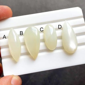 Peut inclure: Quatre pierres précieuses polies en forme de goutte, de tailles variables, étiquetées de A à D. Les pierres sont de couleur crème, blanc cassé, et ont une surface lisse et réfléchissante. Elles sont disposées sur un plateau blanc à fentes.