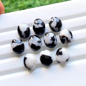K&ouml;nnte beinhalten: Zehn ovale Cabochons aus schwarzem und wei&szlig;em Zebrajaspis. Die Steine sind poliert und haben eine glatte, gl&auml;nzende Oberfl&auml;che.