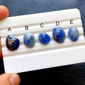 Puede incluir: Cinco gemas facetadas de color azul oscuro se exhiben sobre una superficie blanca. Cada piedra tiene una forma y un corte únicos, con variaciones en color y claridad. Las gemas están etiquetadas de la A a la E, mostrando sus características individuales.
