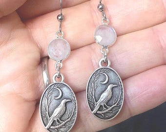 Celestial Raven Earrings: Moonstone, Antique Silver, Wanderlust Jewelry