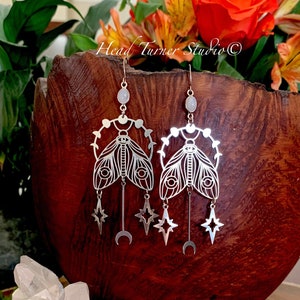 Moonstone Moonphase Moth Earrings; Hypoallergenic; Silver Wanderlust Jewelry; Witch Earrings; Huggie Leverback Option; Rainbow Moonstone