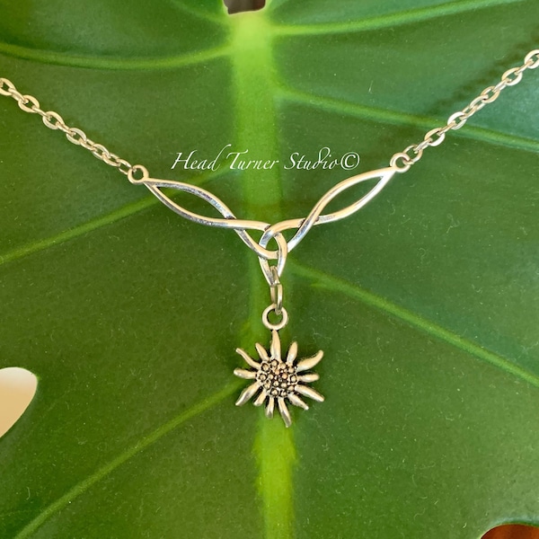 Silver Edelweiss Celtic Love Knot Necklace; Alpine Mountain Flower; Bavarian; Botanical Jewelry; Choker or Necklace: Choice of Length