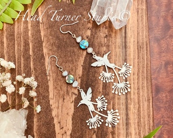 Silver Hummingbird Dandelion Earrings; Abalone and Pearls; Hypoallergenic; Wanderlust Jewelry; Aesthetic Jewelry; Huggie Leverback Option