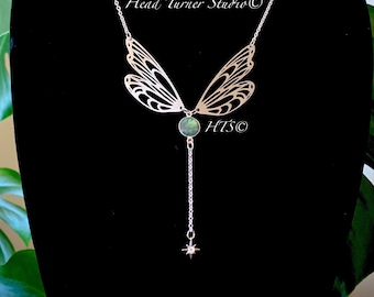 Handmade Labradorite Fairy Wing Lariat Necklace, Silver Dragonfly Jewelry