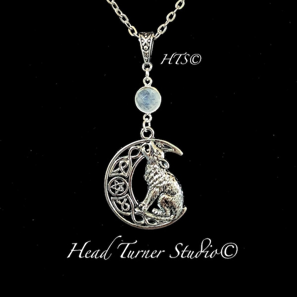 Moonstone Howling Wolf Celtic Crescent Moon Necklace; Aesthetic Jewelry; Necklace or Choker; Choice of Length