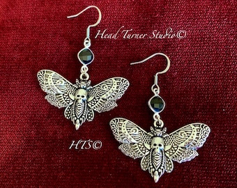Silver and Black Onyx Death Moth Earrings; Hypoallergenic; Moon Power; Witch Jewelry; Huggie Leverback Option