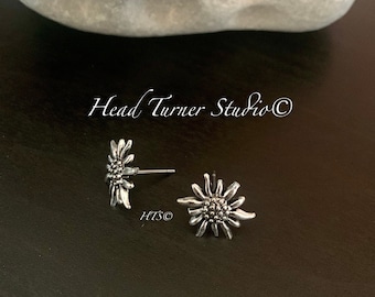 Edelweiss Stud Earrings; Hypoallergenic; Antique Silver; Alpine Mountain Flower of Love; Perfect Gift for Mom, Sister, Friend or Love