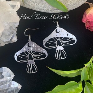 Space Mushroom Earrings; Hypoallergenic Surgical Steel; Silver BoHo Jewelry Gift; Trippy Psychedelic Mushroom Jewelry Botanical Jewelry
