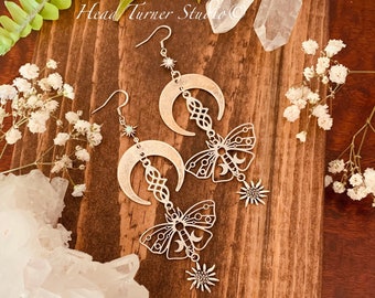 Edelweiss Opal Celtic Moth Earrings; Hypoallergenic; Silver Rhodium Opal; Wanderlust Jewelry; Huggie Leverback Option