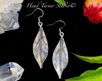 Botanical Leaf Earrings; Antique Silver; Hypoallergenic; Perfect Gift Aesthetic Earrings; Botanical Jewelry; Huggie Leverback Option