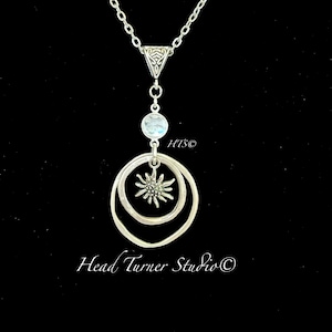 Custom Scandinavian Edelweiss Necklace; Choice of Gemstone (Shown in Moonstone & Onyx); Aesthetic Jewelry; Alpine Mountain Flower of Love