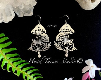 Birthstone Mushroom Earrings; Hypoallergenic; Fairy Mushroom Jewelry; Birth Month Rhinestone Choice; Botanical Jewelry