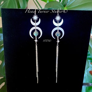 Labradorite Moon Phase Celestial Earrings Hypoallergenic Extra Long Tassel Silver Fairy Jewelry Gift Wanderlust Huggie Option Festival Bling