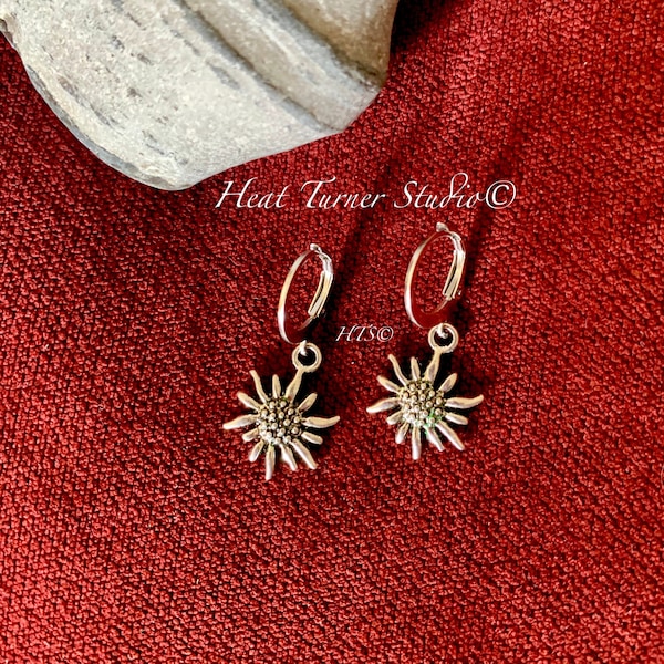 Edelweiss Earrings; Hypoallergenic; Antique Silver; Alpine Mountain Flower; Choice of Closure: Hook, Huggie Leverback, Stud & Clip-on Option