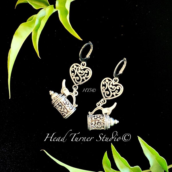 Edelweiss Beer Stein Earrings; Hypoallergenic; Antique Silver; Bavarian; Alpine Mountain Flower; Dirndl Lederhosen; Huggie Leverback Option