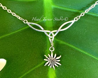Silver Edelweiss Celtic Knot Necklace: Bavarian Flower Jewelry