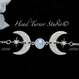 Silver Moon Phase Rainbow Moonstone Bracelet: CZ Celestial Jewelry