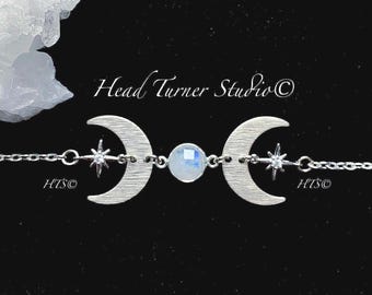 Moon Phase Moonstone Bracelet: Silver Northstar Celestial Jewelry Wanderlust