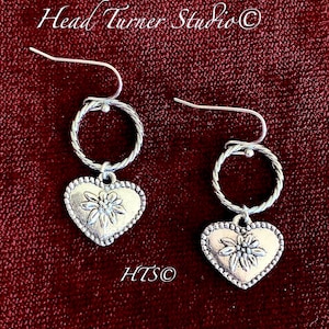 Edelweiss Heart Earrings; Hypoallergenic; Antique Silver; Alpine Mountain Flower of Love; Choice of Closure: Huggie Leverback Option