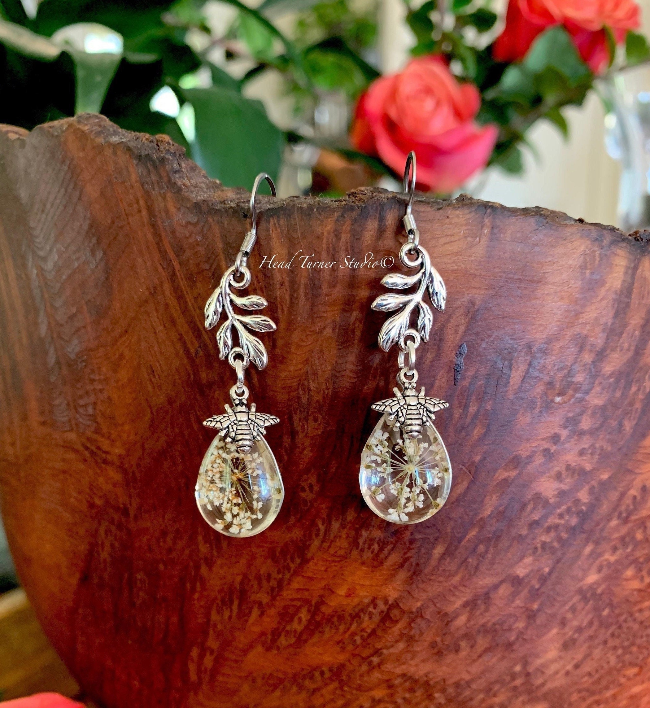 Silver Honey Bee Dandelion Earrings; Hypoallergenic; Botanical Jewelry; Wanderlust Jewelry; Huggie Leverback Option