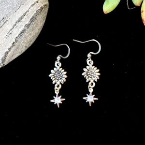 Edelweiss Earrings; Hypoallergenic; Silver Alpine Mountain Flower; Closure Options: Hook, Huggie Leverback, Stud or Clip-on