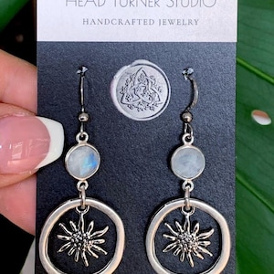 Edelweiss Moonstone Earrings; Hypoallergenic; Alpine Mountain Flower Wanderlust Jewelry; Tyrolean Botanical Earrings; Huggie Option