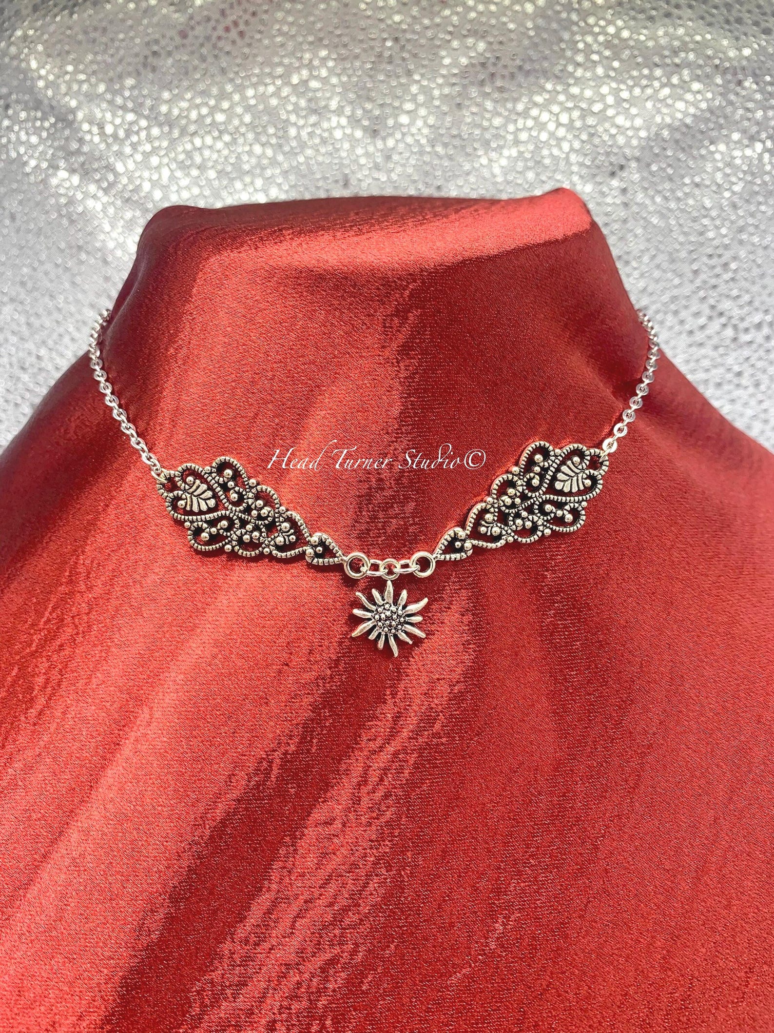 Silver Edelweiss Necklace: Bavarian Trachten Choker, Octoberfest Jewelry