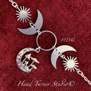 Celestial Forest Fairy Mushroom Choker Necklace; Silver Crescent Moon Phase BoHo Jewelry; Psychedelic Mushroom; Choice of Necklace Length