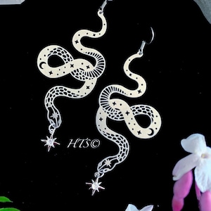 Sparkling Silver Snake Earrings;  Hypoallergenic; Heavenly Moon Phase Snake Jewelry; Huggie Leverback Option