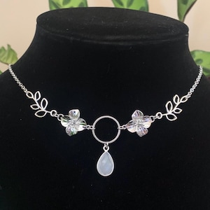 Moonstone Plumeria Choker: Silver Rhodium Flower Fairy Necklace