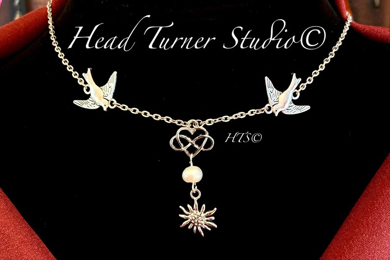 Flying Sparrow Edelweiss Celtic Love Knot Infinity Heart Pearl Choker Necklace Antique Silver Wanderlust Jewelry Bavarian Octoberfest image 2