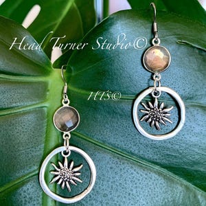 Edelweiss Flower Earrings with Labradorite; Hypoallergenic; Wanderlust Jewelry; Alpine Botanical Earrings; Huggie Leverback Option