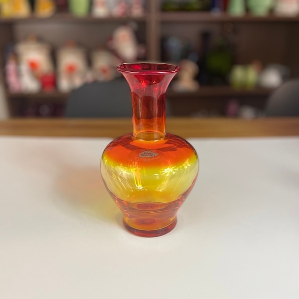 Blenko Glass Amberina Vase with Sticker