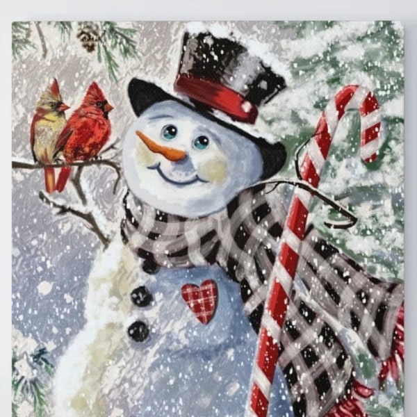 Frosty's Friends - Winter Snow Painting Quality Canvas Art (Snowman and a Cardinal Couple -Black Buffalo Check Scarf