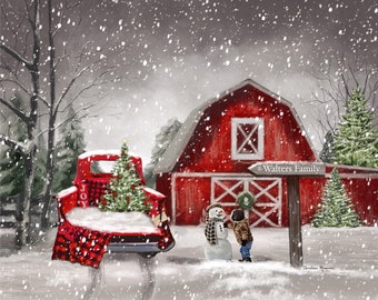 Christmas Memories - Personalized Winter Canvas Art (Painting of antique red truck and barn)