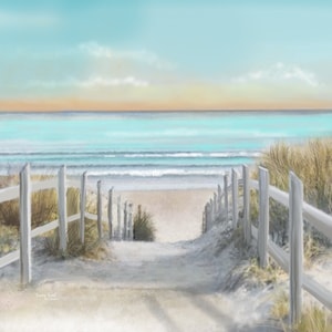 Ocean Trail - Summer Beach Painting - Aqua & Peach, Sunset -  Ready to Hang - Quality Canvas Art