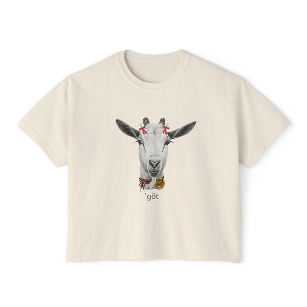 Women's Boxy Tee Slightly Cropped, Goat Original Pencil Drawing, Modern Fit, Animal T-Shirt Lover in Color Palette