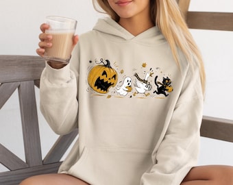 Funny Halloween Pumpkin Hoodie, Ghost Black Cat Sweatshirt, Goose Chase Pullover