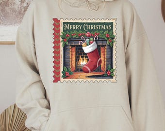 Vintage Santa Christmas Hoodie, Merry Christmas Sweatshirt, Retro Holiday Postcard, Winter Stamp Design