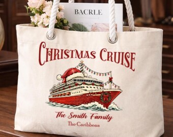 Custom Christmas Cruise Tote Bag, Family Name Canvas Tote, Matching Xmas Vacation Travel Bag