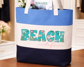 Beach Life Tote Bag, Coastal Palm Carryall, Tropical Summer Accessory