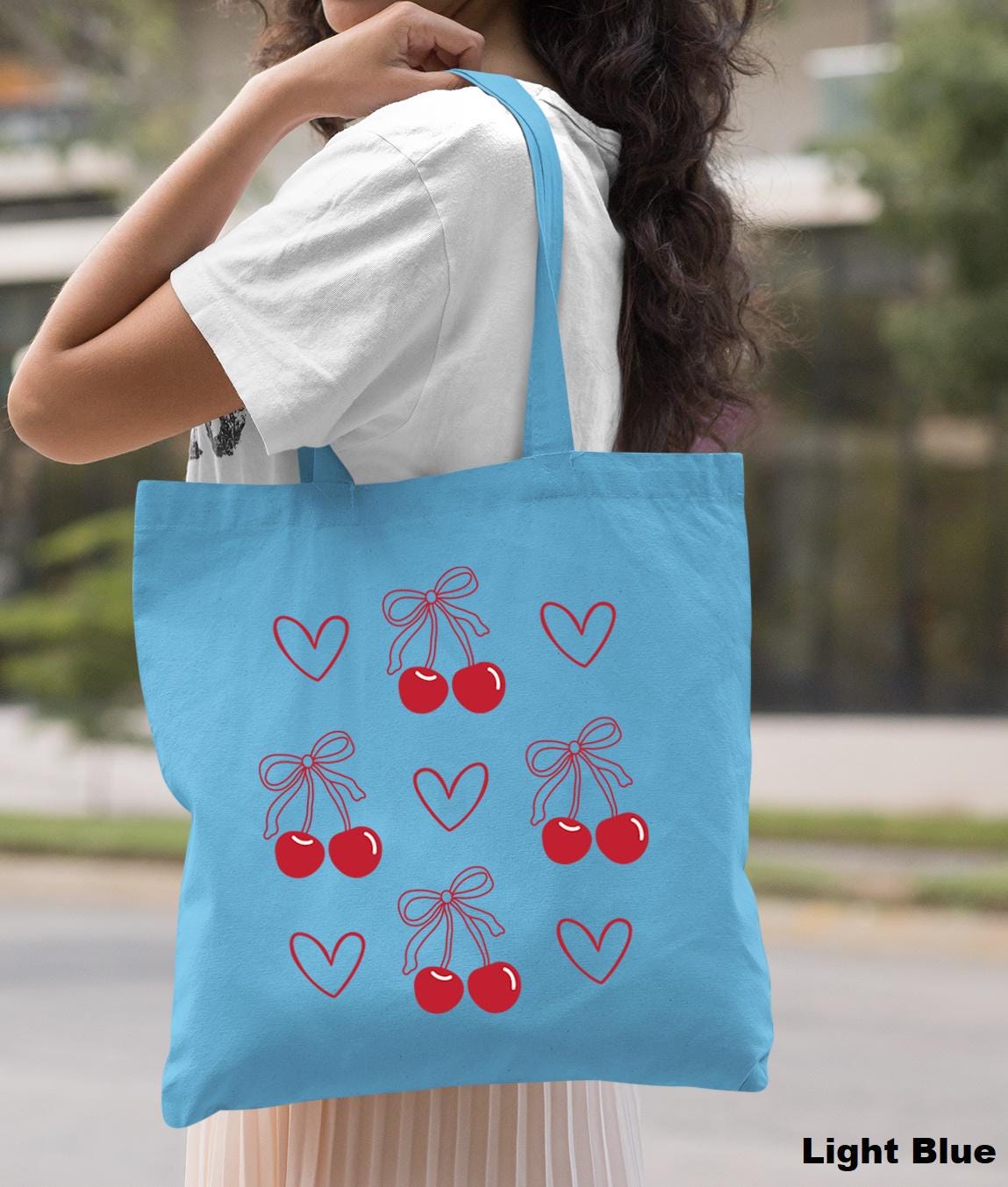 き*ぃ様 HLT Cherry Tote Bag【misty blue】 Coquette Cherry Tote Bag: Bow Accent, Canvas Shopper, Cherry