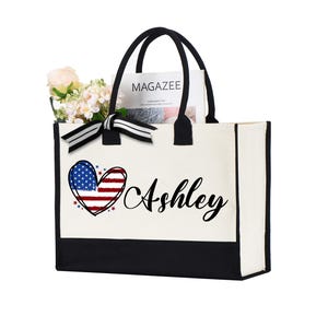 Personalized USA Tote Bag, America Flag Bag, Patriotic Tote Bag,4th of July Heart Bag,USA Bow Tote Bag, 4th of July Bag,Independence Day Bag